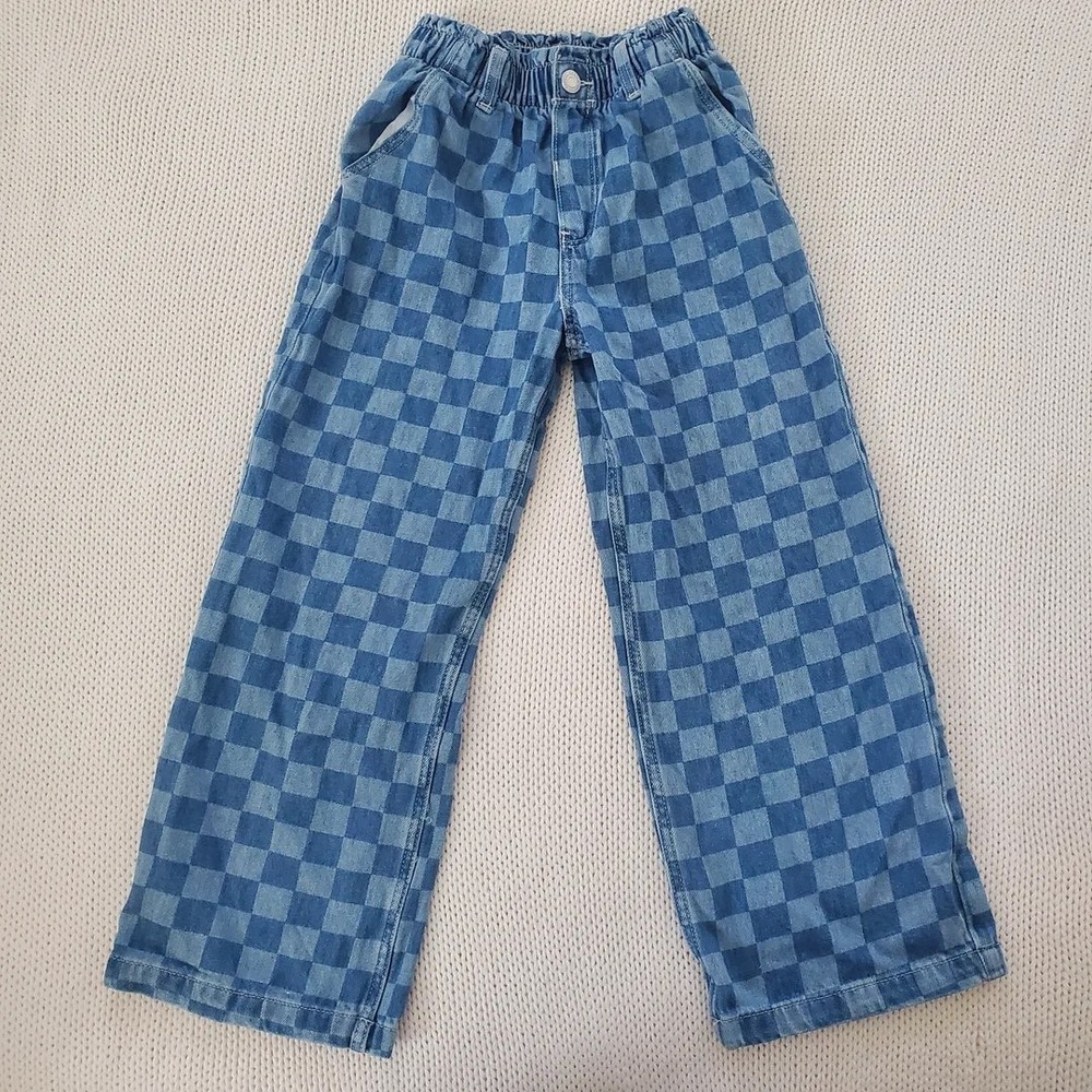 (A7) H&M Girls Blue Checkered Wide Leg Jeans 7 Elastic Waist Retro Skater